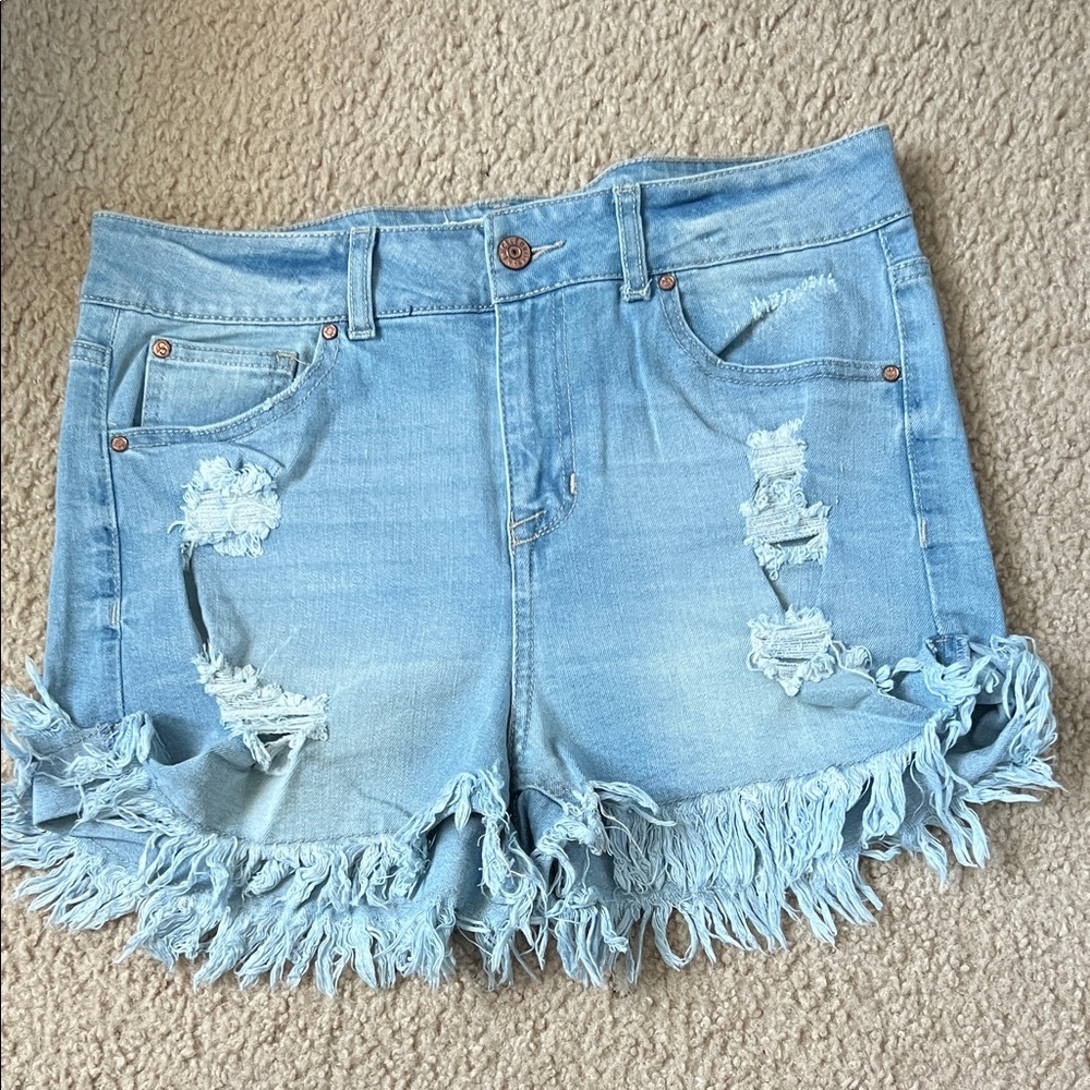 Celebrity Pink Light Blue Frayed Jean Shorts